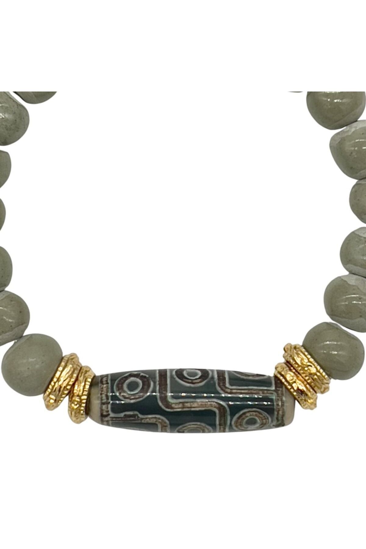 Bastia Bracelet Doğal Tibet Akik Taşı ve Toprak Boncuklu Bileklik