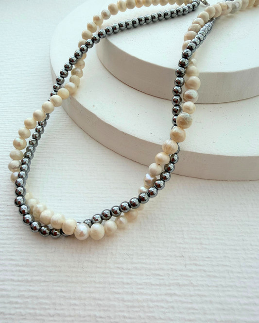 Silva Doğal Hematit Taşlı ve Barok İncili Gümüş Kolye