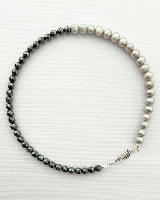 Élan Doğal Hematit Taşlı ve Barok İncili Gümüş Kolye