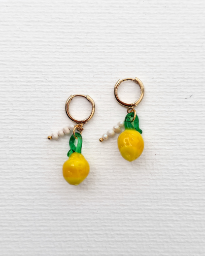 Citron Murano Cam Limon ve İncili Küpe