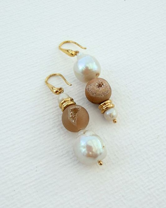 Elyra Barok İncili ve Druzy Akik Taşlı Küpe